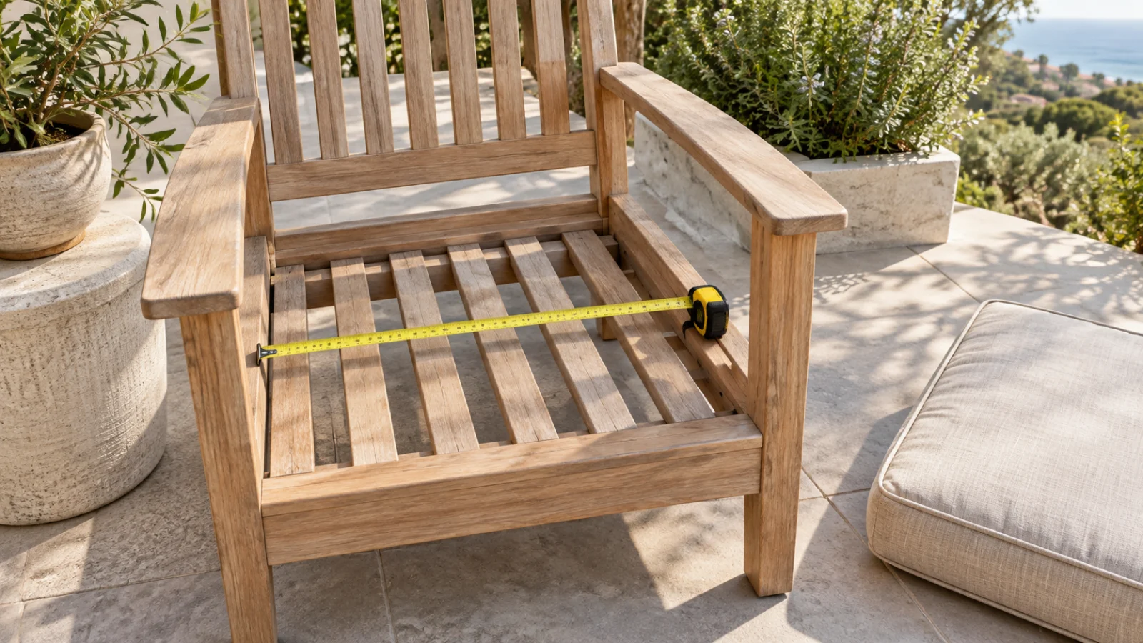Measuring an outdoor furniture frame with a tape measure for custom replacement cushions